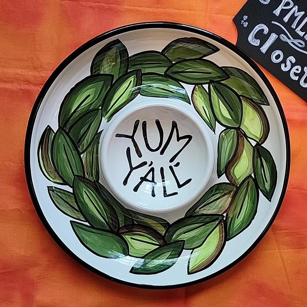 Glory Haus Chip and Dip Ceramic Serving Bowl Yum Y'all White Green Black